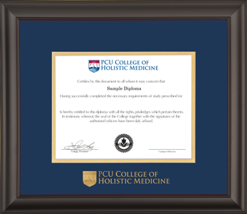 Satin black wooden diploma frame with double matting and gold embossed logo